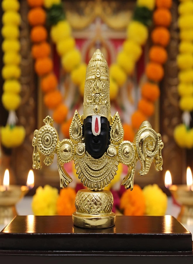 Dev Aastha 24K Gold Plated Lord Venkateswara Swamy Idol | Auspicious Tirupati Balaji Murti for Home Temple Decor | Sacred Pooja Room Statue with Wooden Base & Black Face | Spiritual Showpiece. - Image 3